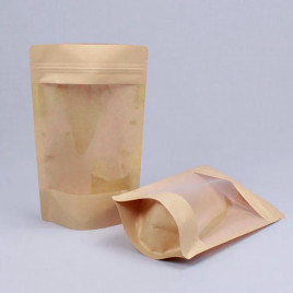 Дой-пак бумажный крафт с окном с замком zip-lock 100*185+(30+30) 90мм уп 10шт