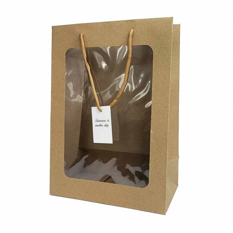 Пакет крафт с веревочной ручкой с окном размер 25*35*15см