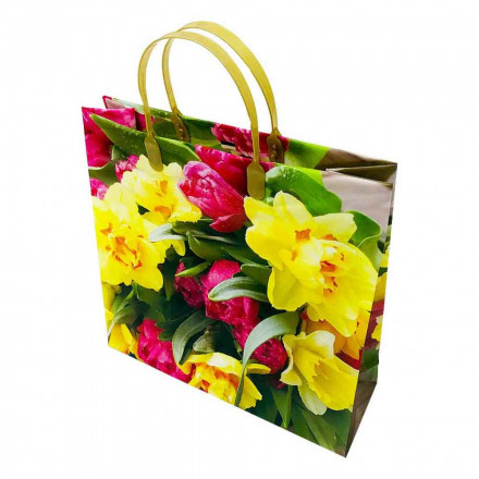 Пакет сумка размер 30*30см Букет желтых и розовых цветов