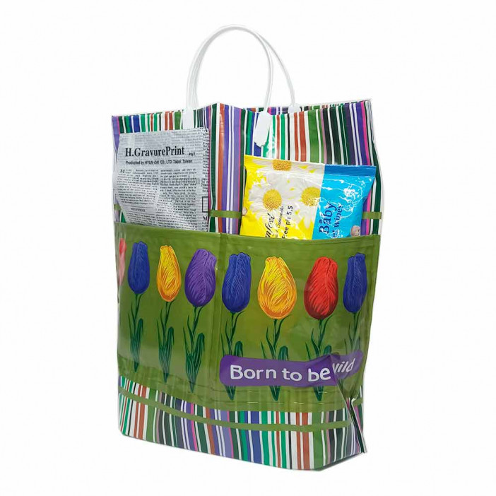 Сумка с пластмассовыми ручками многослойная с карманами Тюльпаны 37*37см