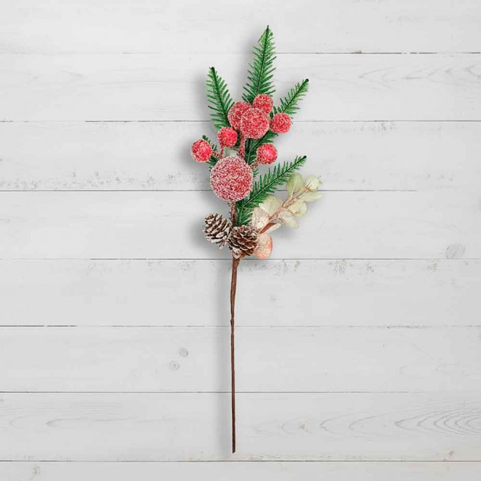 Ветка декор новогодний с заснеженными ягодами и шишками Н-40см