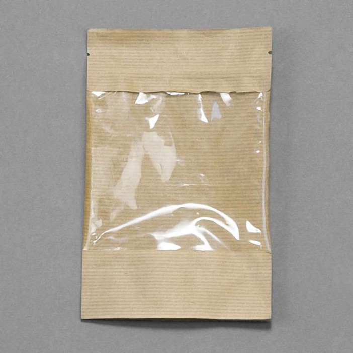 Дой-пак бумажный крафт с окном с замком zip-lock 105*150+(35+35) 70мм уп 10шт