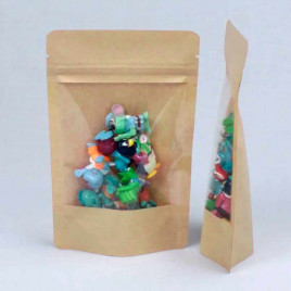 Дой-пак бумажный крафт с окном с замком zip-lock 105*150+(35+35) 70мм уп 10шт