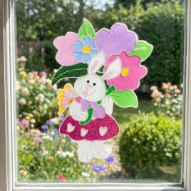 Украшение наклейка для окна Крольчиха с цветами размер 18*27см