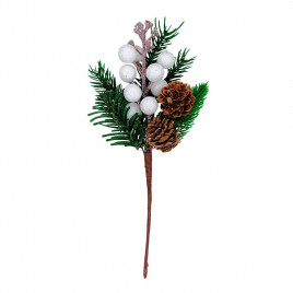 Ветка НГ с белыми ягодами и шишками Н-22см