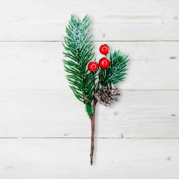 Ветка НГ с заснеженными ягодами и шишкой Н-13см