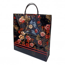 Сумка с пластмассовыми ручками многослойная Цветы на черном 37*34см