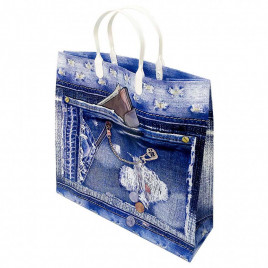 Сумка с пластмассовыми ручками многослойная с карманами Джинсы 34*32см