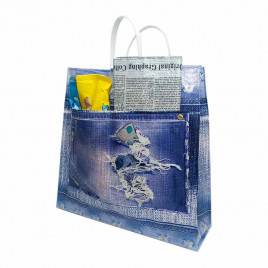 Сумка с пластмассовыми ручками многослойная с карманами Джинсы 34*32см