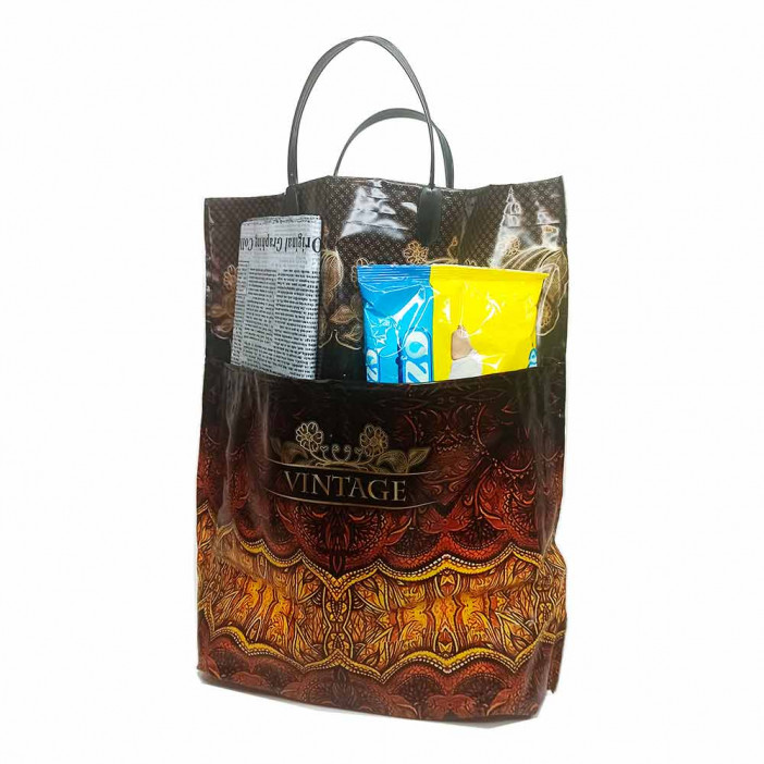 Сумка с пластмассовыми ручками многослойная с карманами Винтаж 37*37см