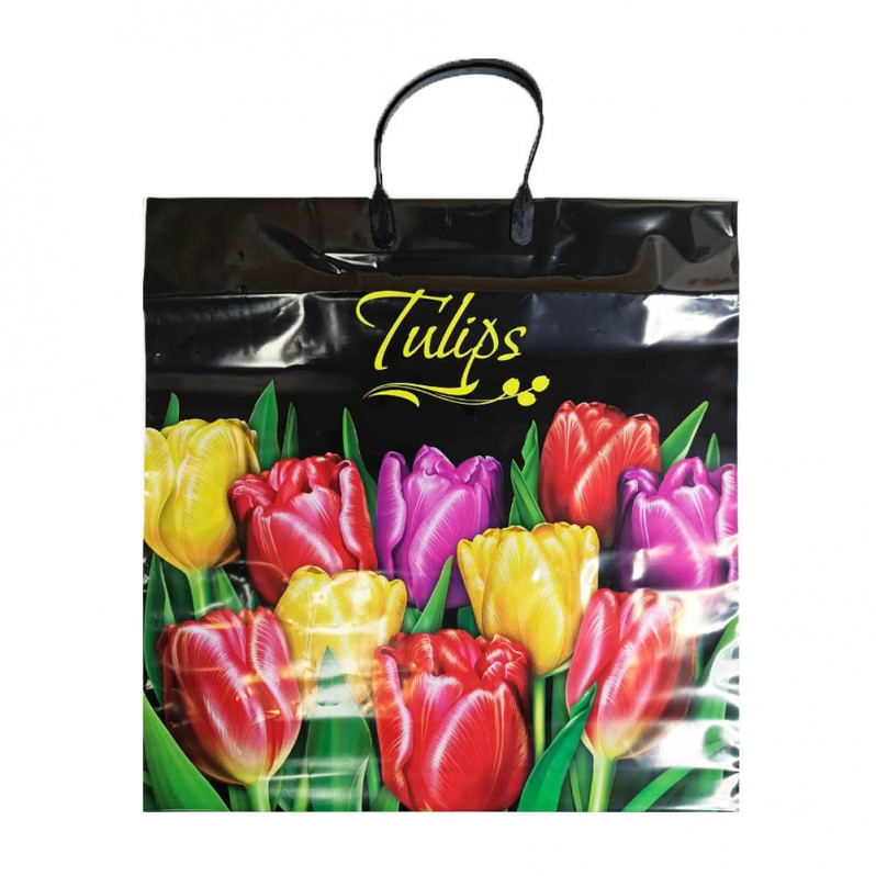 Пакет с пластмассовыми ручками 40*44см Разноцветные тюльпаны 10шт